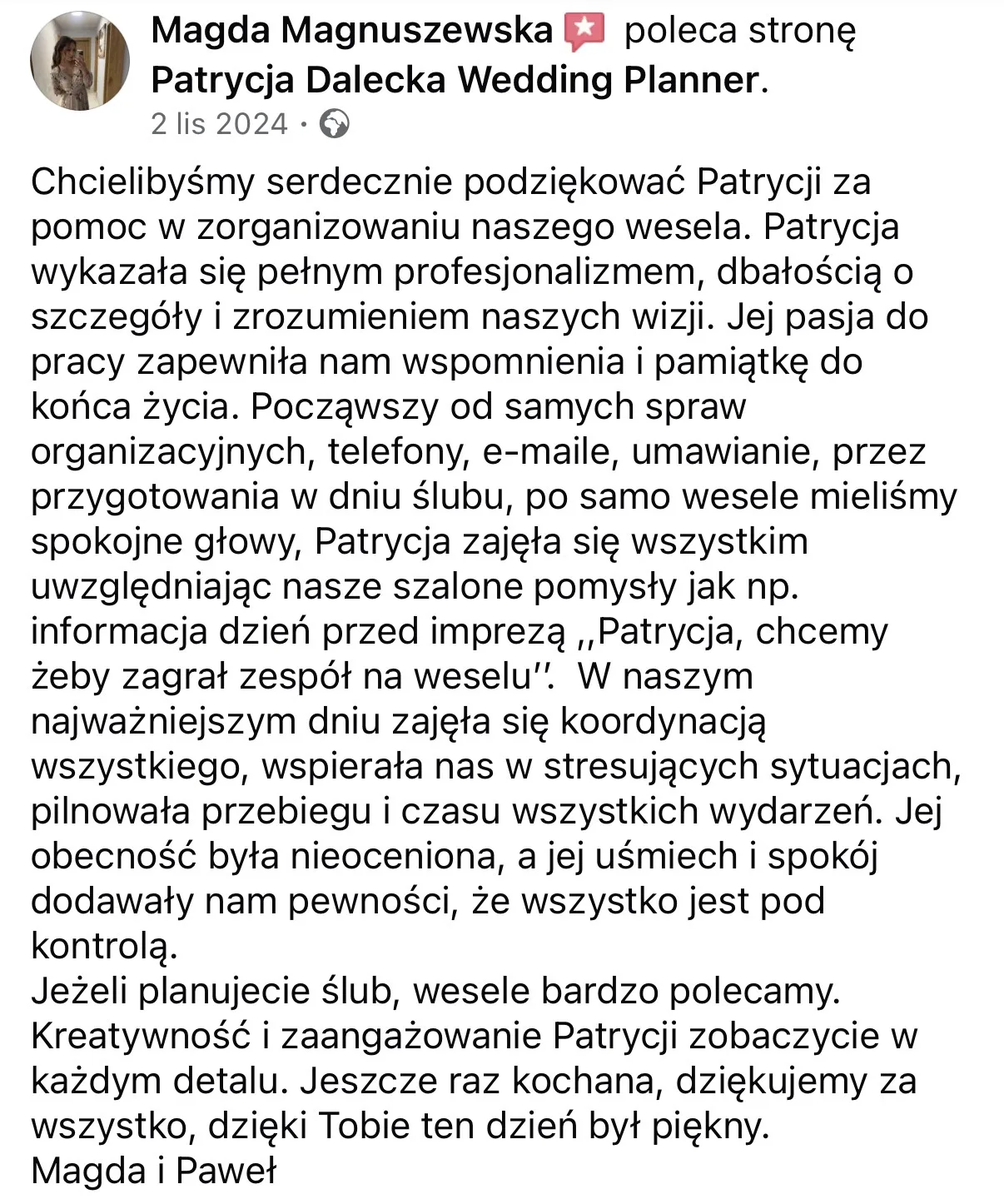 Opinia pary Magda & Paweł o współpracy z Patrycją Dalecką